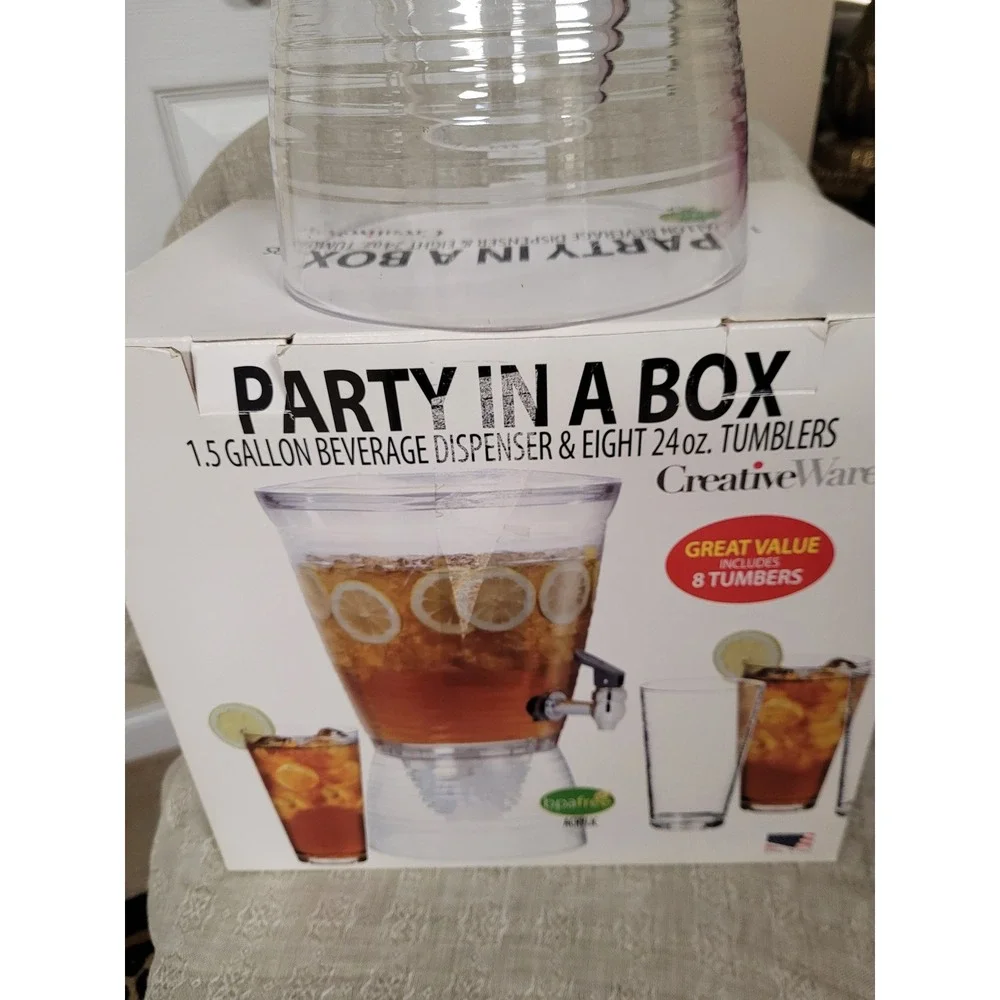 CreativeWare Party In A Box 1.5 Gallon Beverage‎ Dispenser 8-24oz Tumblers NEW